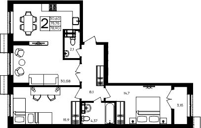 2-комн., 75.75 м²