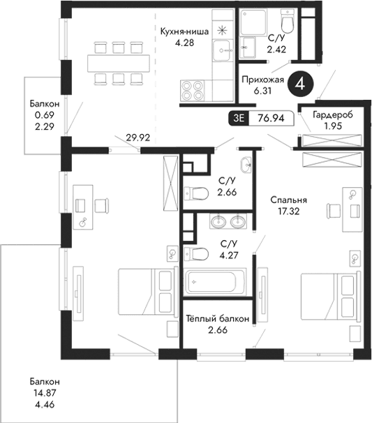 3-комн., 69.13 м²