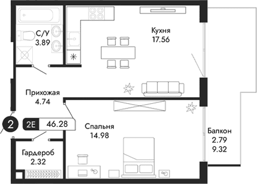 2-комн., 43.49 м²