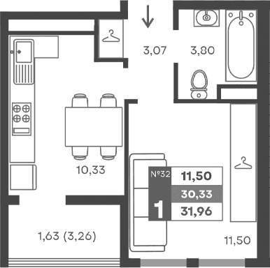 1-комн., 28.7 м²