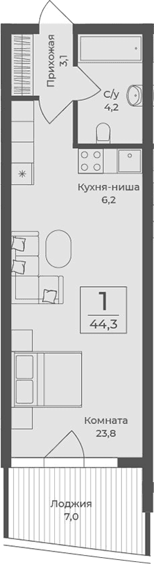 Студия, 37.3 м²