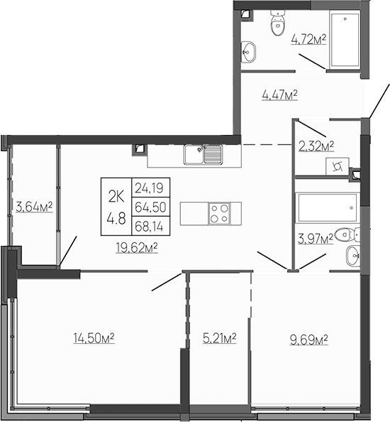 2-комн., 64.5 м²