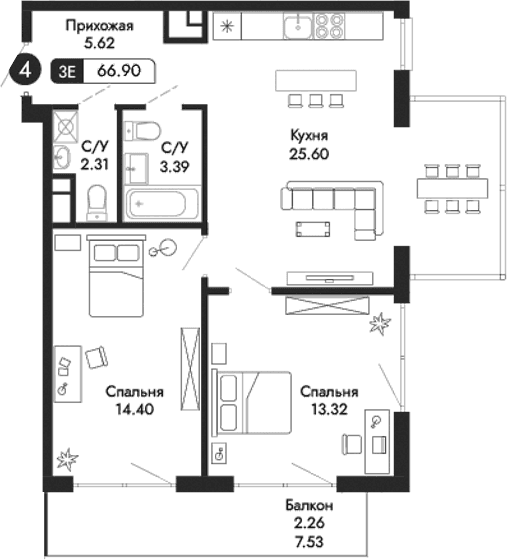 3-комн., 64.64 м²