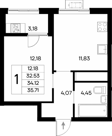 1-комн., 32.53 м²
