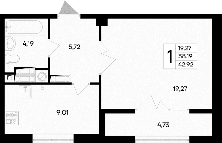 1-комн., 38.19 м²