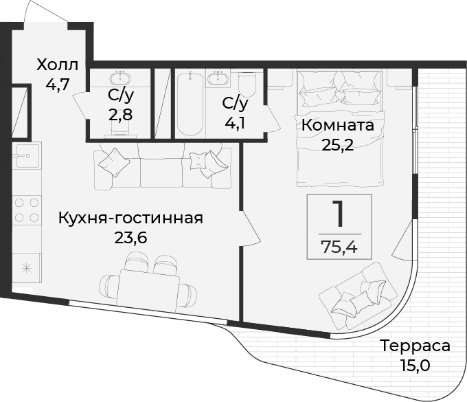 1-комн., 60.4 м²