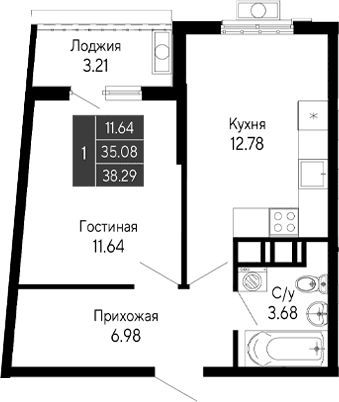 1-комн., 35.08 м²