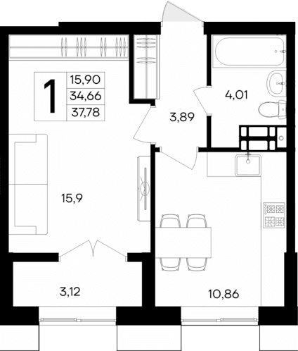 1-комн., 34.66 м²