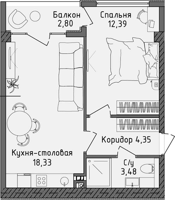 2-комн., 38.55 м²