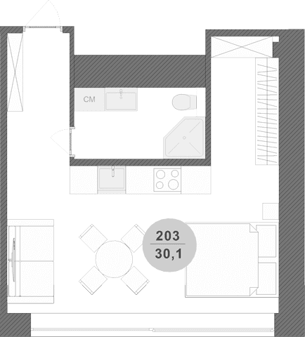 Студия, 30.1 м²