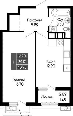 1-комн., 39.17 м²