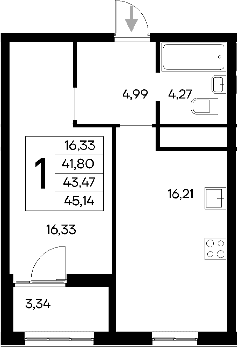 1-комн., 41.8 м²