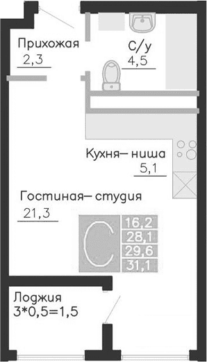 Студия, 28.1 м²