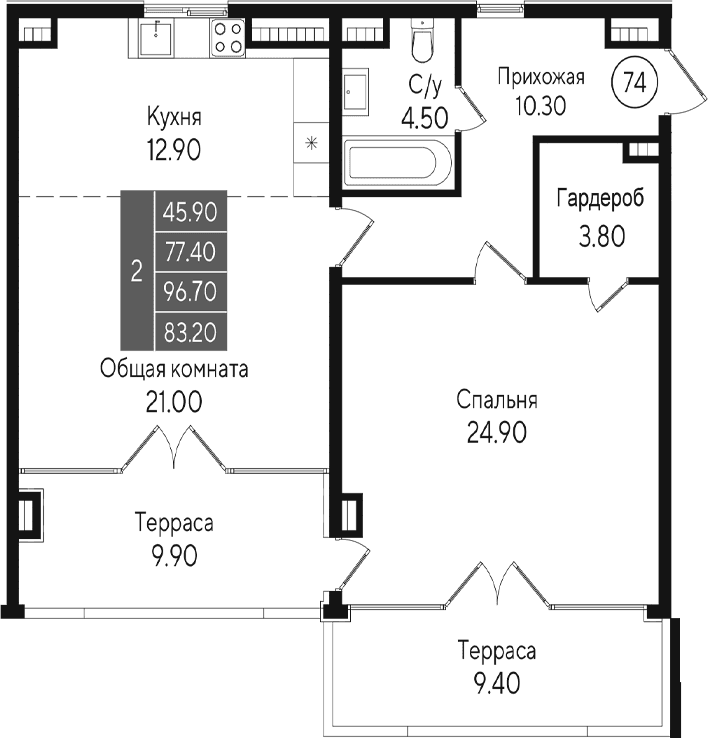 2-комн., 77.4 м²