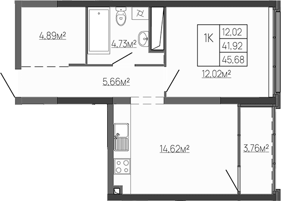 1-комн., 43.67 м²