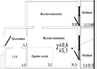 1-комн., 40.6 м²