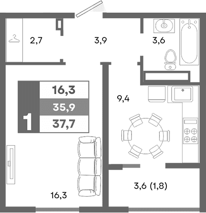 1-комн., 35.9 м²