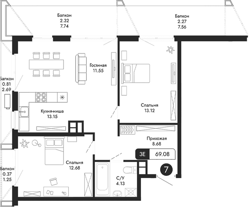 3-комн., 63.31 м²