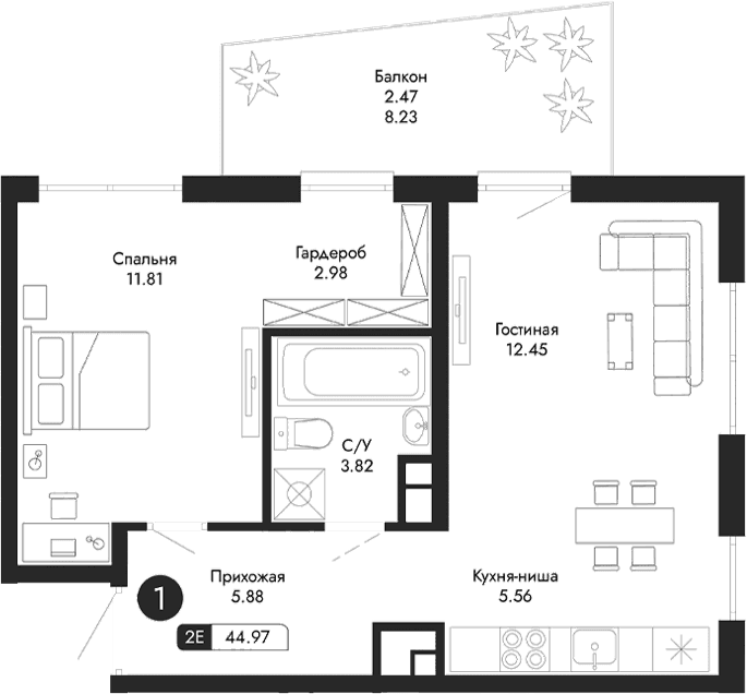2-комн., 42.5 м²
