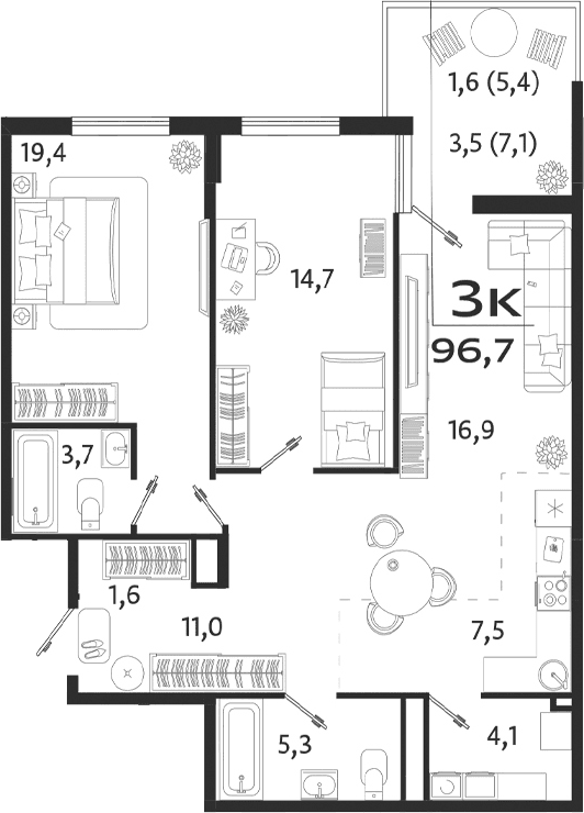 2-комн., 84.2 м²
