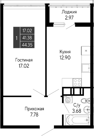 1-комн., 41.38 м²