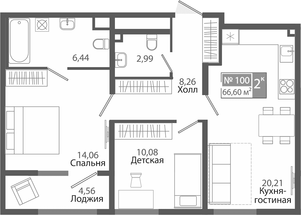 2-комн., 62.04 м²