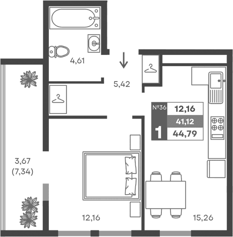 1-комн., 37.45 м²
