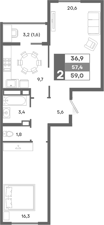 2-комн., 57.4 м²