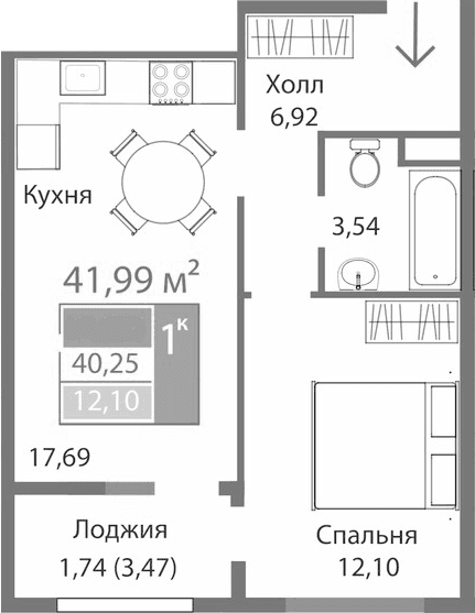 1-комн., 40.25 м²