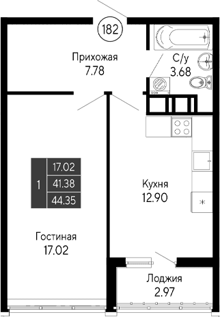 1-комн., 41.38 м²
