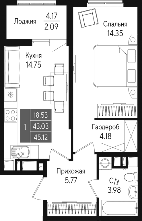 1-комн., 43.02 м²
