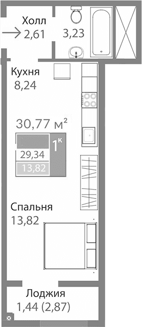 Студия, 27.9 м²