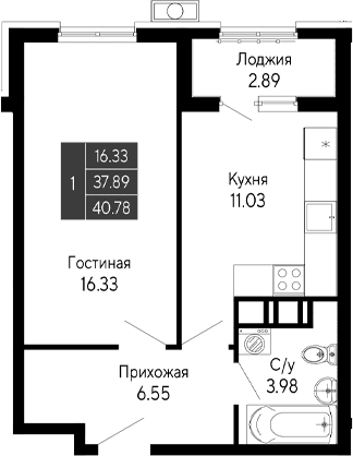1-комн., 37.89 м²