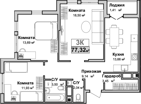 3-комн., 75.91 м²