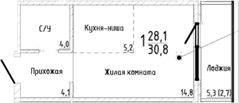 Студия, 28.1 м²