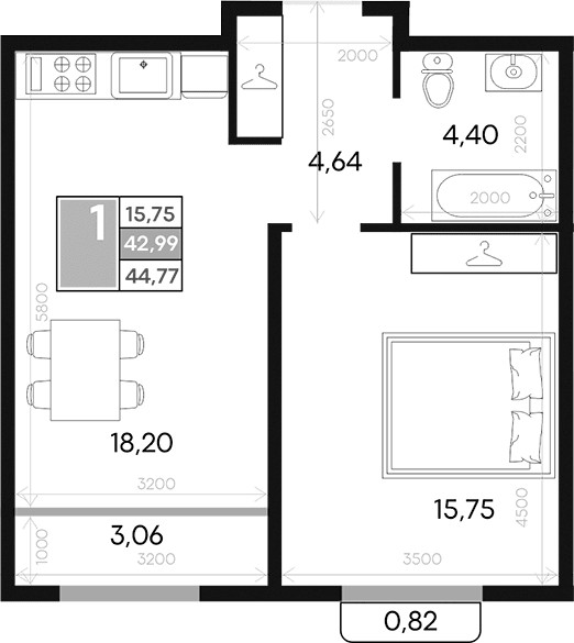 1-комн., 42.99 м²