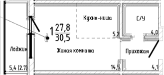 Студия, 27.8 м²
