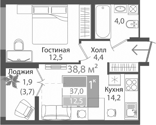 2-комн., 35.1 м²