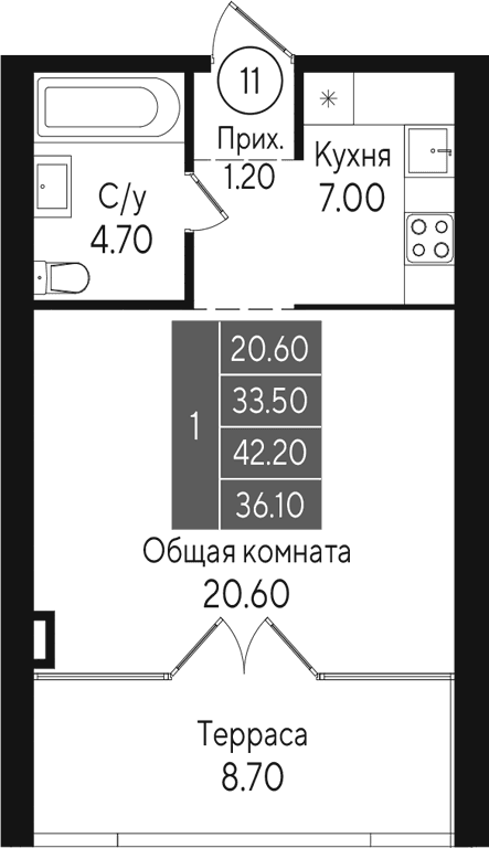 Студия, 33.5 м²