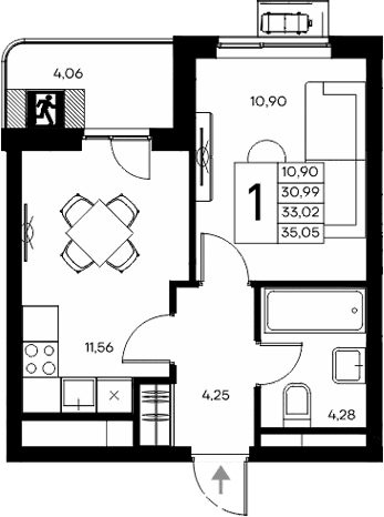 1-комн., 30.99 м²