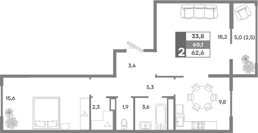 2-комн., 60.1 м²