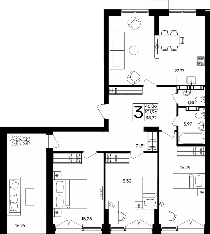 3-комн., 101.96 м²