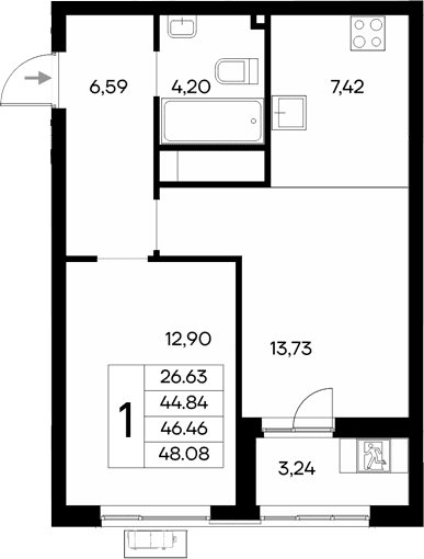 1-комн., 44.84 м²