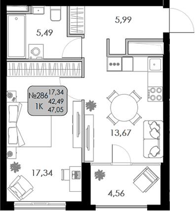 1-комн., 42.49 м²