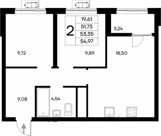 2-комн., 51.73 м²