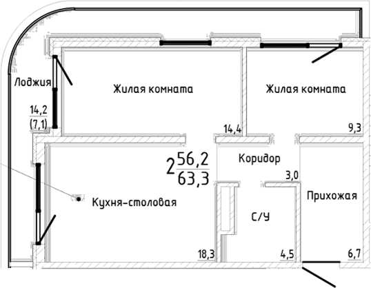 2-комн., 56.2 м²