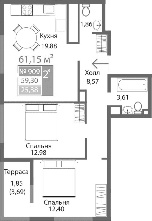 2-комн., 59.3 м²