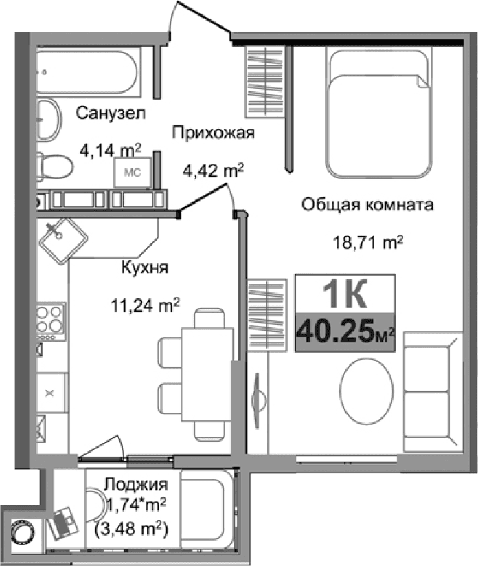 1-комн., 38.51 м²