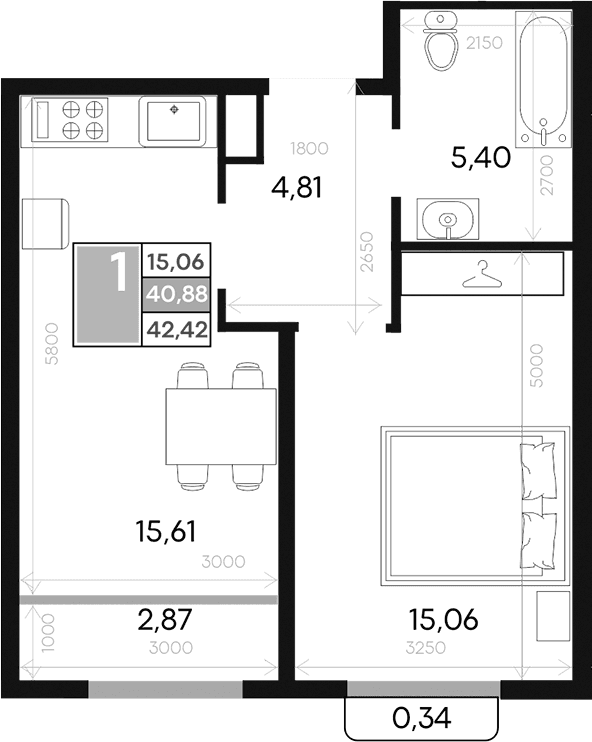 1-комн., 40.88 м²