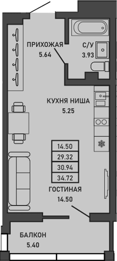 Студия, 29.32 м²